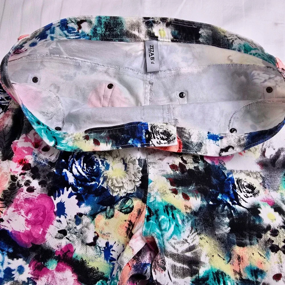 Zeza B Floral Womens Print Mid Rise Pants XL Multi Color Stretch‎ Cotton Blend